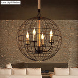 Traditional Black Metal Pendant Chandelier With Globe Cage - 3/4 Lights Ideal For Living Room