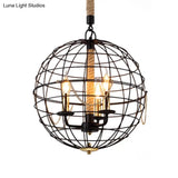 Traditional Black Metal Pendant Chandelier With Globe Cage - 3/4 Lights Ideal For Living Room