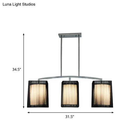 Traditional Black Pendant Light With Rectangular Fabric Shade - 3-Light Dining Room Island Lighting