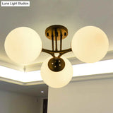 Traditional Black Semi Flush Ceiling Light Fixture With Globe White Glass Shade - 3/6 Lights For