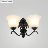 Traditional Black Wall Mount Light With Cream Glass Flared Shape Fixture For Living Room