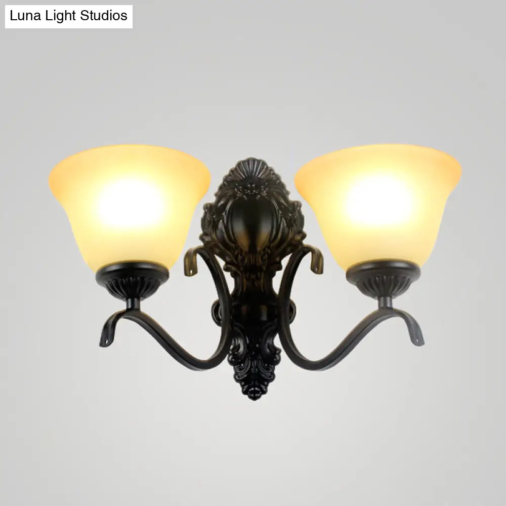 Traditional Black Wall Mount Light With Cream Glass Flared Shape Fixture For Living Room