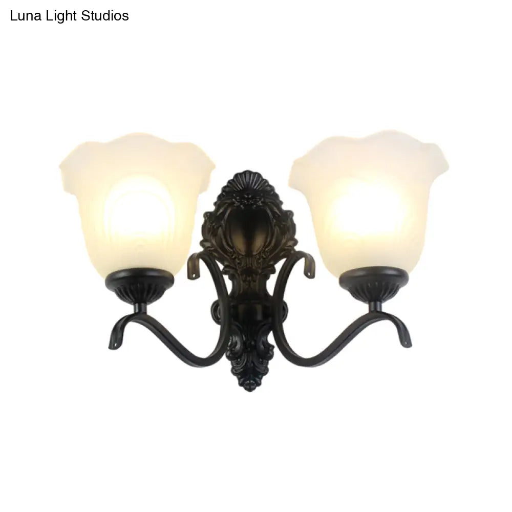 Traditional Black Wall Mount Light With Cream Glass Flared Shape Fixture For Living Room