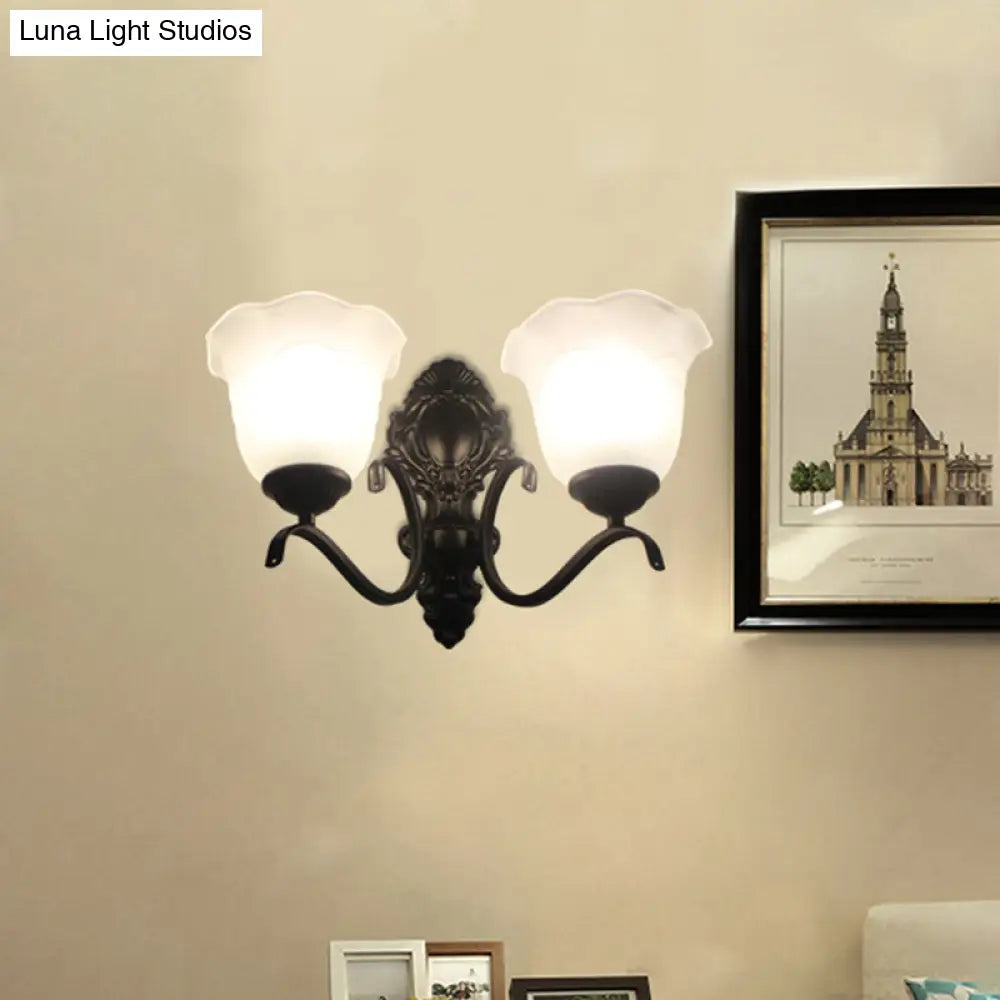 Traditional Black Wall Mount Light With Cream Glass Flared Shape Fixture For Living Room