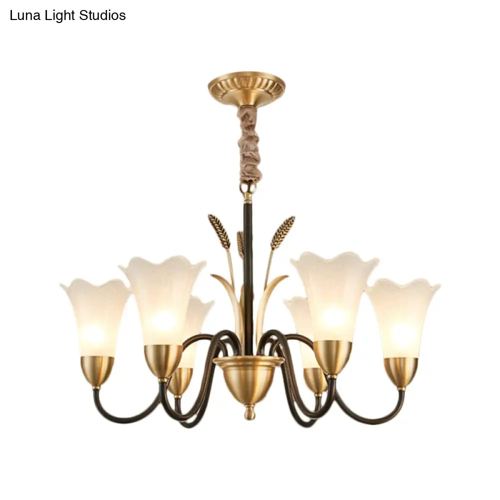 Traditional Blossom Chandelier Lamp - Cream Glass Suspension Lighting Fixture With Curved Arm In