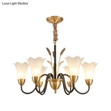 Traditional Blossom Chandelier Lamp - Cream Glass Suspension Lighting Fixture With Curved Arm In
