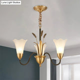 Traditional Blossom Chandelier Lamp - Cream Glass Suspension Lighting Fixture With Curved Arm In