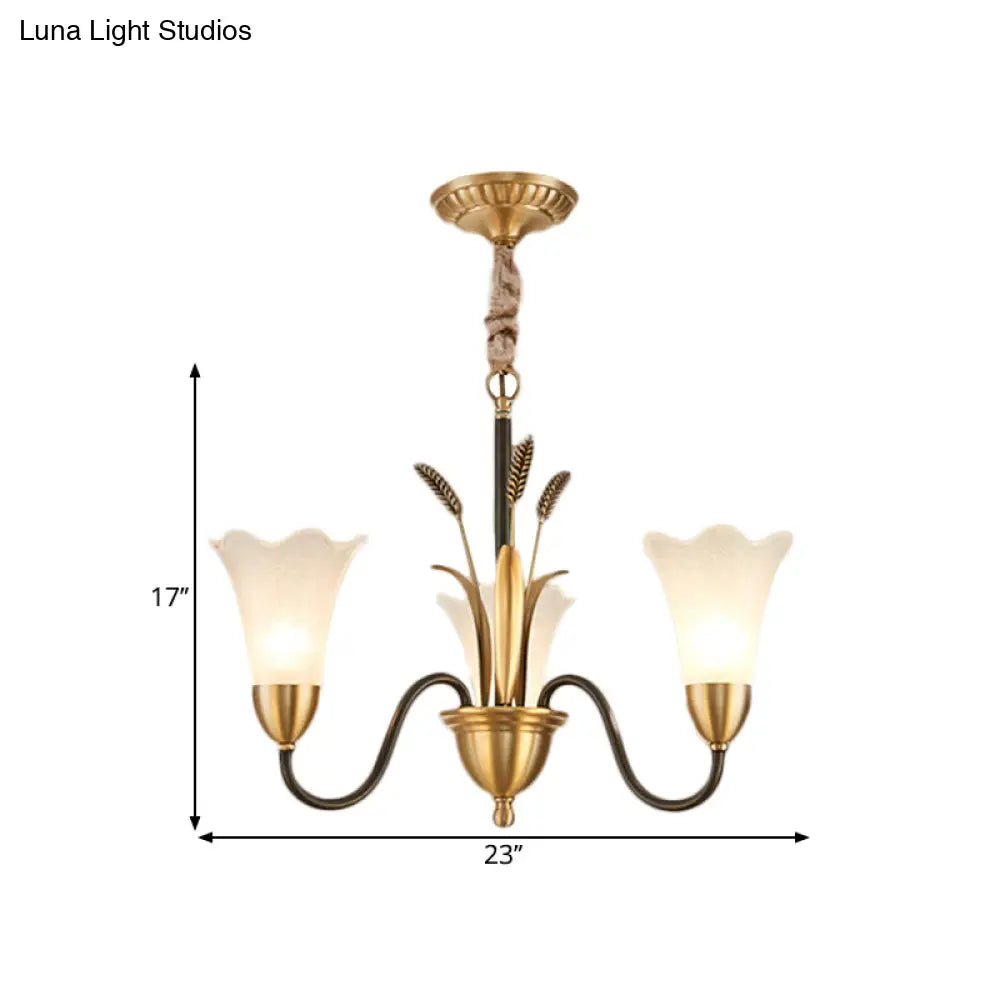 Traditional Blossom Chandelier Lamp - Cream Glass Suspension Lighting Fixture With Curved Arm In