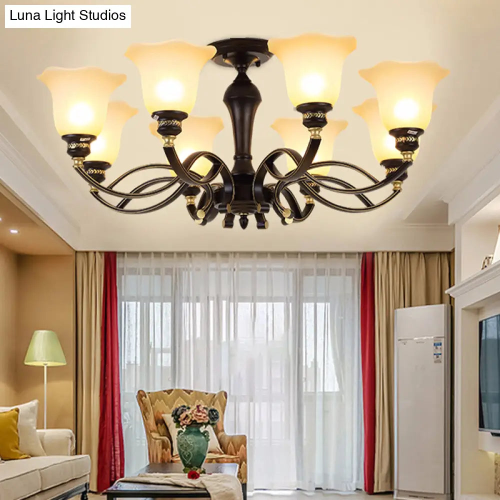 Traditional Blossom Chandelier - White Frosted Glass Ceiling Lamp Fixture In Black