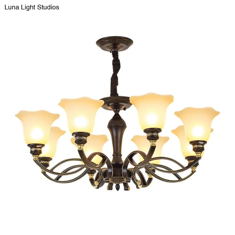 Traditional Blossom Chandelier - White Frosted Glass Ceiling Lamp Fixture In Black