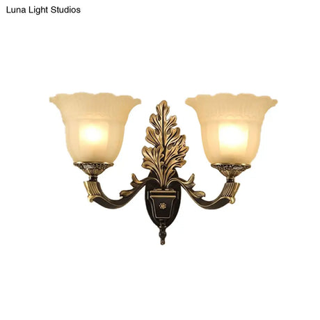 Traditional Blossom Frosted Glass Wall Sconce With Curvy Arm In Black For Hallway Lighting