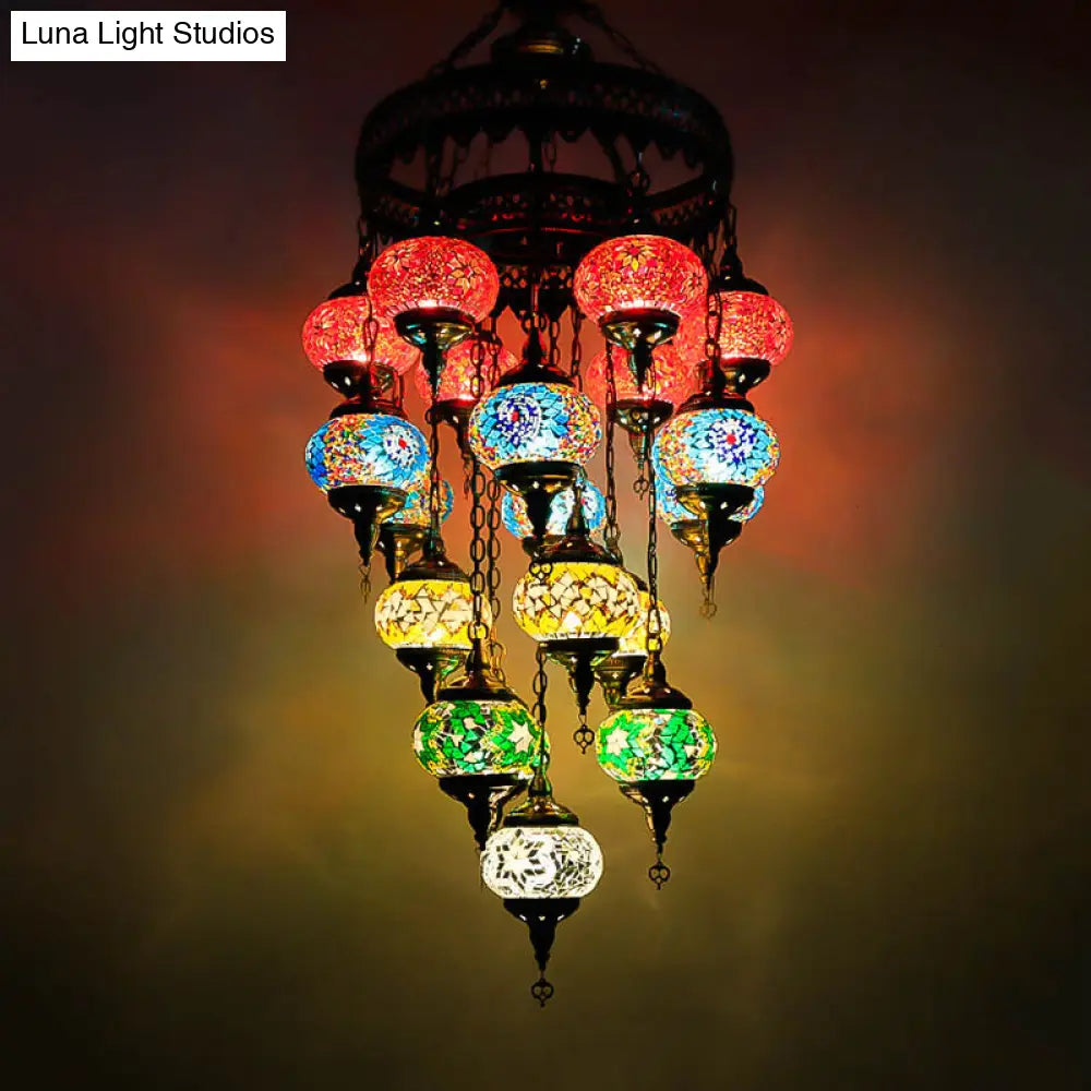 Traditional Blue Art Glass Chandelier: Oval Stained Ceiling Pendant Light