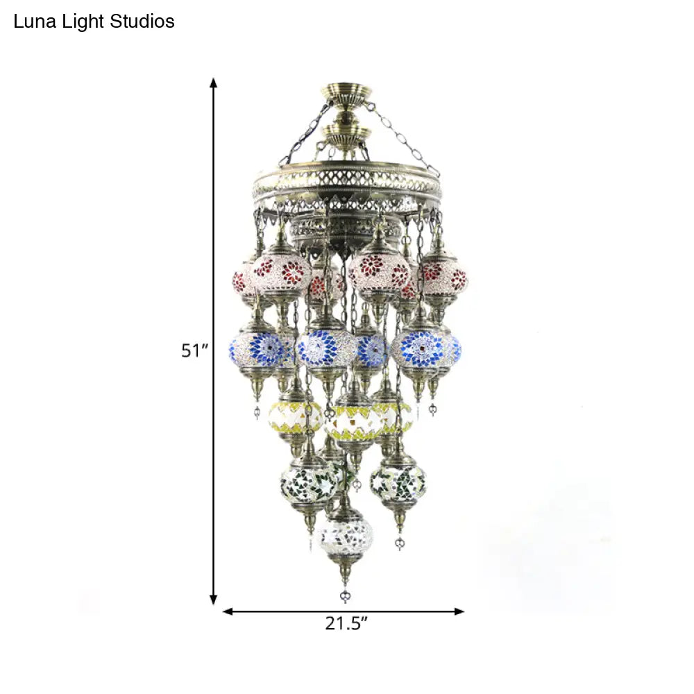 Traditional Blue Art Glass Chandelier: Oval Stained Ceiling Pendant Light