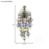 Traditional Blue Art Glass Chandelier: Oval Stained Ceiling Pendant Light