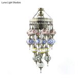 Traditional Blue Art Glass Chandelier: Oval Stained Ceiling Pendant Light