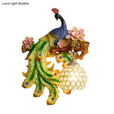 Traditional Blue-Green Bedroom Sconce With Peacock And Flower Design Single Head Wall Lighting