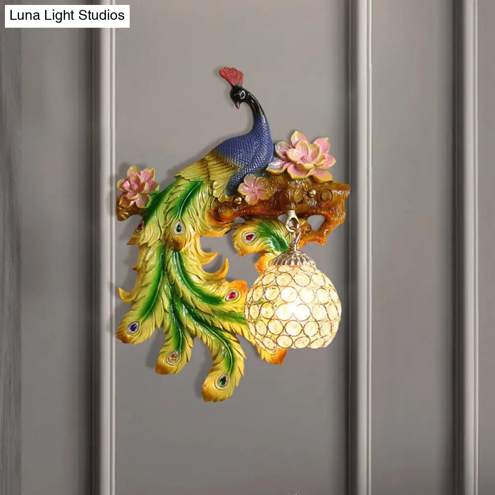 Traditional Blue-Green Bedroom Sconce With Peacock And Flower Design Single Head Wall Lighting