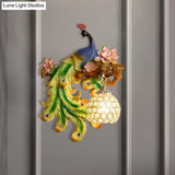 Traditional Blue-Green Bedroom Sconce With Peacock And Flower Design Single Head Wall Lighting