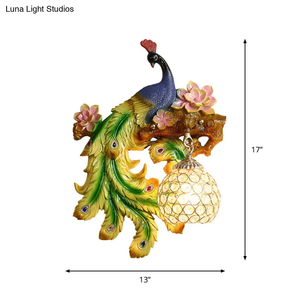 Traditional Blue-Green Bedroom Sconce With Peacock And Flower Design Single Head Wall Lighting