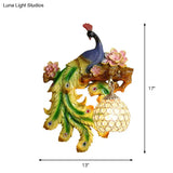 Traditional Blue-Green Bedroom Sconce With Peacock And Flower Design Single Head Wall Lighting