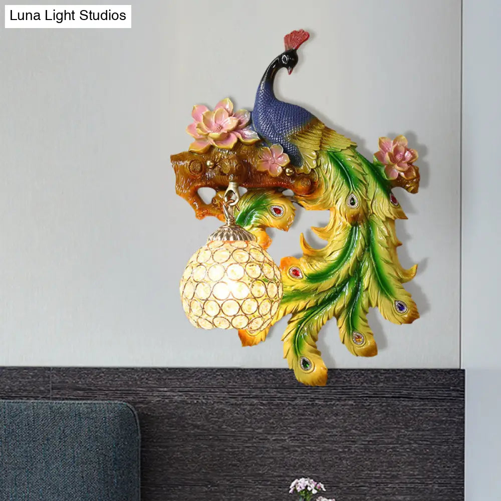 Traditional Blue-Green Bedroom Sconce With Peacock And Flower Design Single Head Wall Lighting