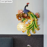 Traditional Blue-Green Bedroom Sconce With Peacock And Flower Design Single Head Wall Lighting