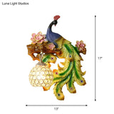 Traditional Blue-Green Bedroom Sconce With Peacock And Flower Design Single Head Wall Lighting