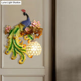 Traditional Blue-Green Bedroom Sconce With Peacock And Flower Design Single Head Wall Lighting