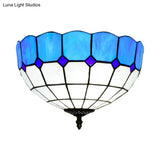 Traditional Blue/Yellow Stained Glass Shade Flush Mount Lamp - 2 Heads Ceiling Fixture For Bedroom