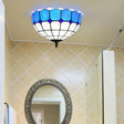 Traditional Blue/Yellow Stained Glass Shade Flush Mount Lamp - 2 Heads Ceiling Fixture For Bedroom