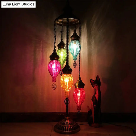 Traditional Brass 5-Light Standing Floor Lamp With Ribbed Glass Teardrop Shades For Living Room
