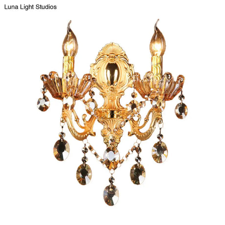 Traditional Brass Candelabra Sconce Light - 2 Heads Living Room Wall Mount Fixture With Crystal
