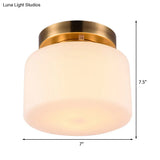 Traditional Brass Ceiling Light: White Glass Drum Flushmount For Living Room
