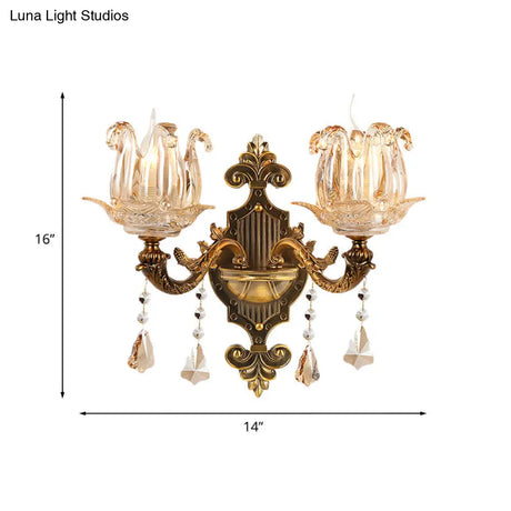 Traditional Brass Crystal Flower Wall Sconce For Hallway Half-Light And Antiqued Finish