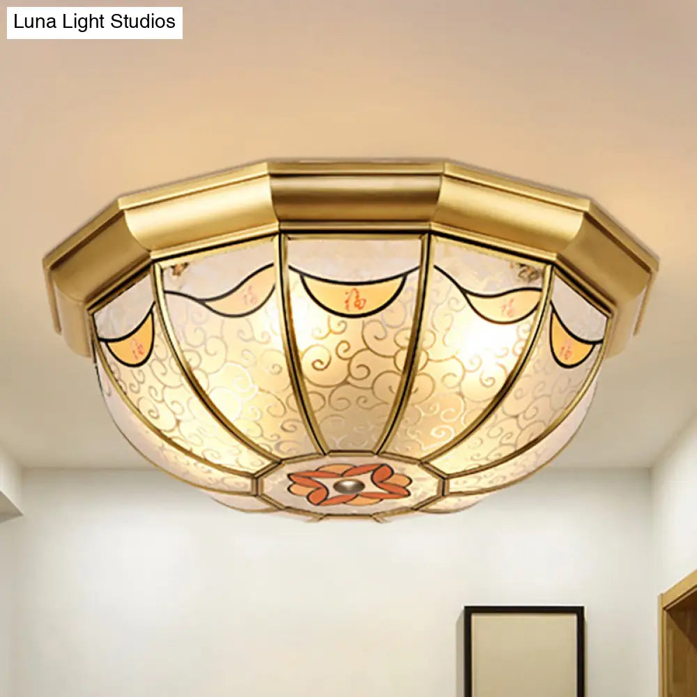 Traditional Brass Domed Shade Flush Ceiling Light With Frosted Glass - 4-Light Mount For Dining