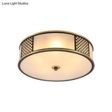 Traditional Brass Drum Flush Mount Ceiling Lamp 5 Light White Glass 16’/19.5’ Width - Ideal For
