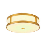 Traditional Brass Drum Flush Mount Ceiling Light Fixture With White Glass - 4 Lights 14/18 Width