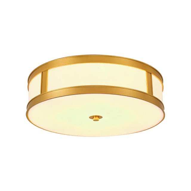 Traditional Brass Drum Flush Mount Ceiling Light Fixture With White Glass - 4 Lights 14/18 Width