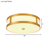Traditional Brass Drum Flush Mount Ceiling Light Fixture With White Glass - 4 Lights 14’/18’ Width