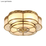 Traditional Brass Finish Ceiling Mount Lamp With Frost Glass - Flower Corridor Flush Light Fixture