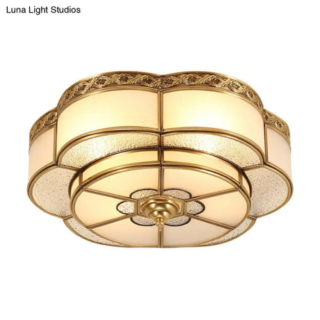 Traditional Brass Finish Ceiling Mount Lamp With Frost Glass - Flower Corridor Flush Light Fixture