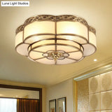 Traditional Brass Finish Ceiling Mount Lamp With Frost Glass - Flower Corridor Flush Light Fixture