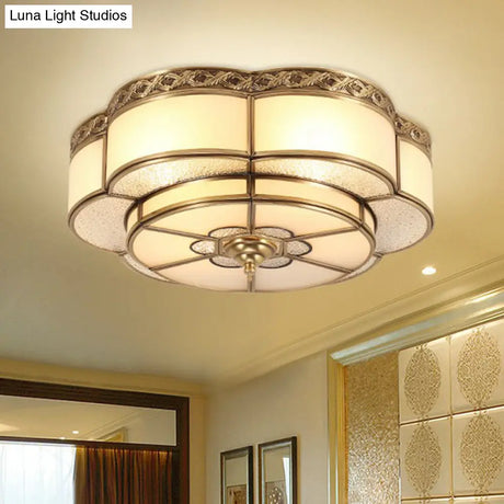 Traditional Brass Finish Ceiling Mount Lamp With Frost Glass - Flower Corridor Flush Light Fixture