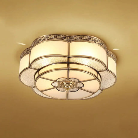 Traditional Brass Finish Ceiling Mount Lamp With Frost Glass - Flower Corridor Flush Light Fixture