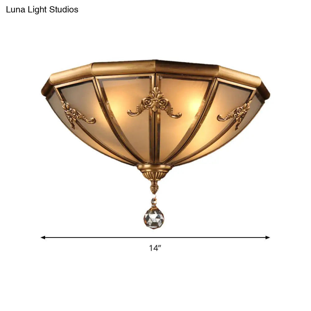 Traditional Brass Flush Mount Lighting With Frosted Glass Shade - 14’/18’ Wide 4 Lights Ideal