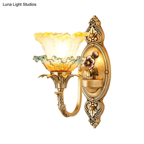 Traditional Brass Frosted Glass Wall Mount Lighting Fixture With Ruffle Detail