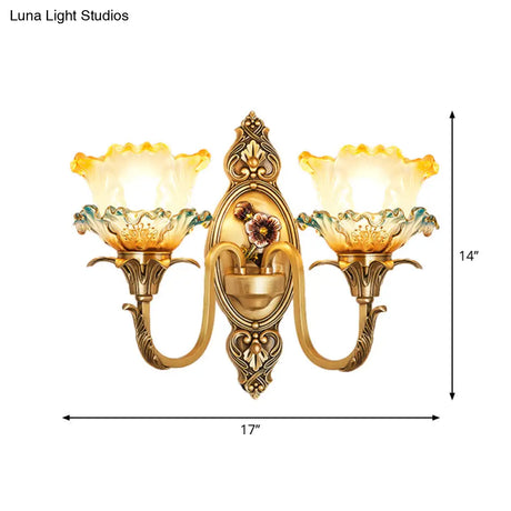 Traditional Brass Frosted Glass Wall Mount Lighting Fixture With Ruffle Detail