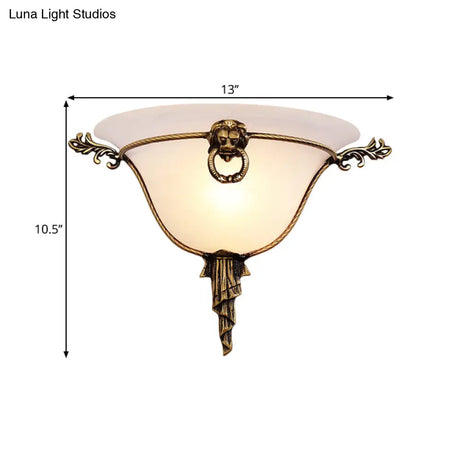Traditional Brass Frosted Glass Wall Sconce - 1-Head Domed Light For Corridor