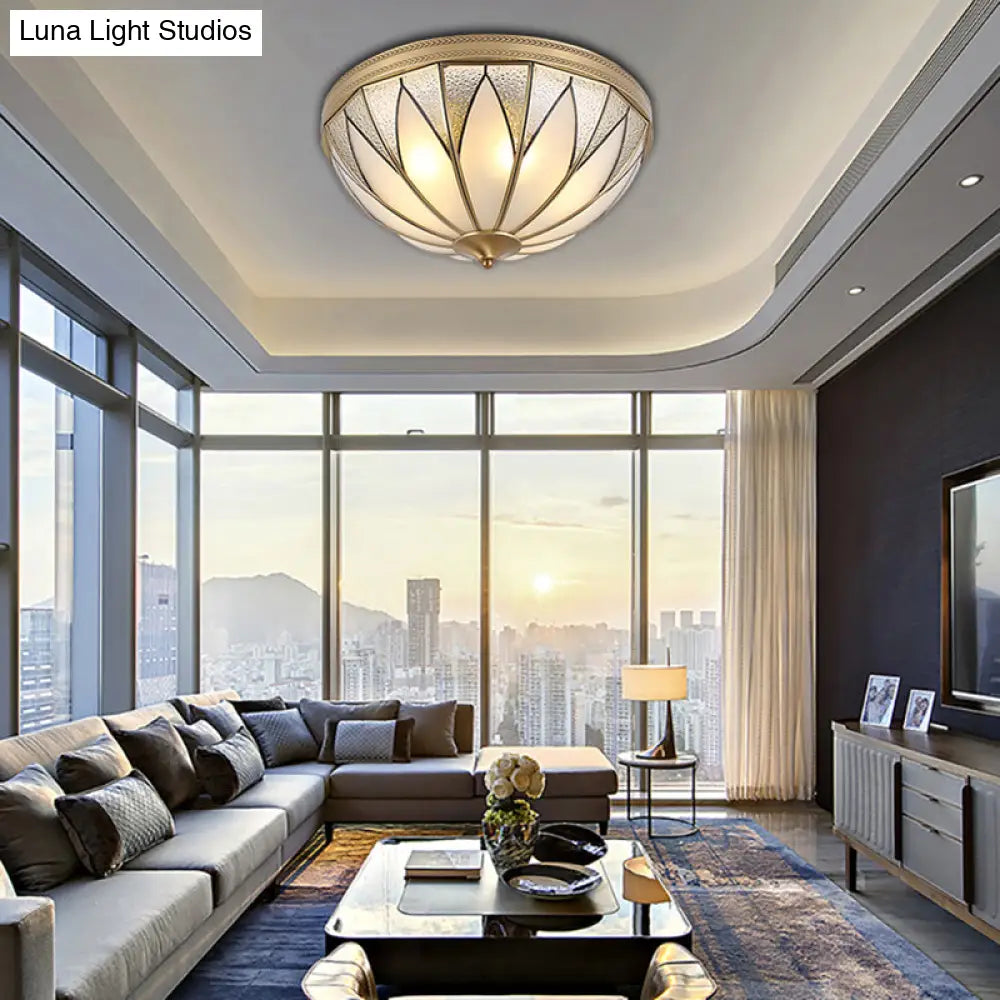Traditional Brass Inverted Flush Mount Ceiling Light With Opal Glass – 4 Lights Ideal For Living