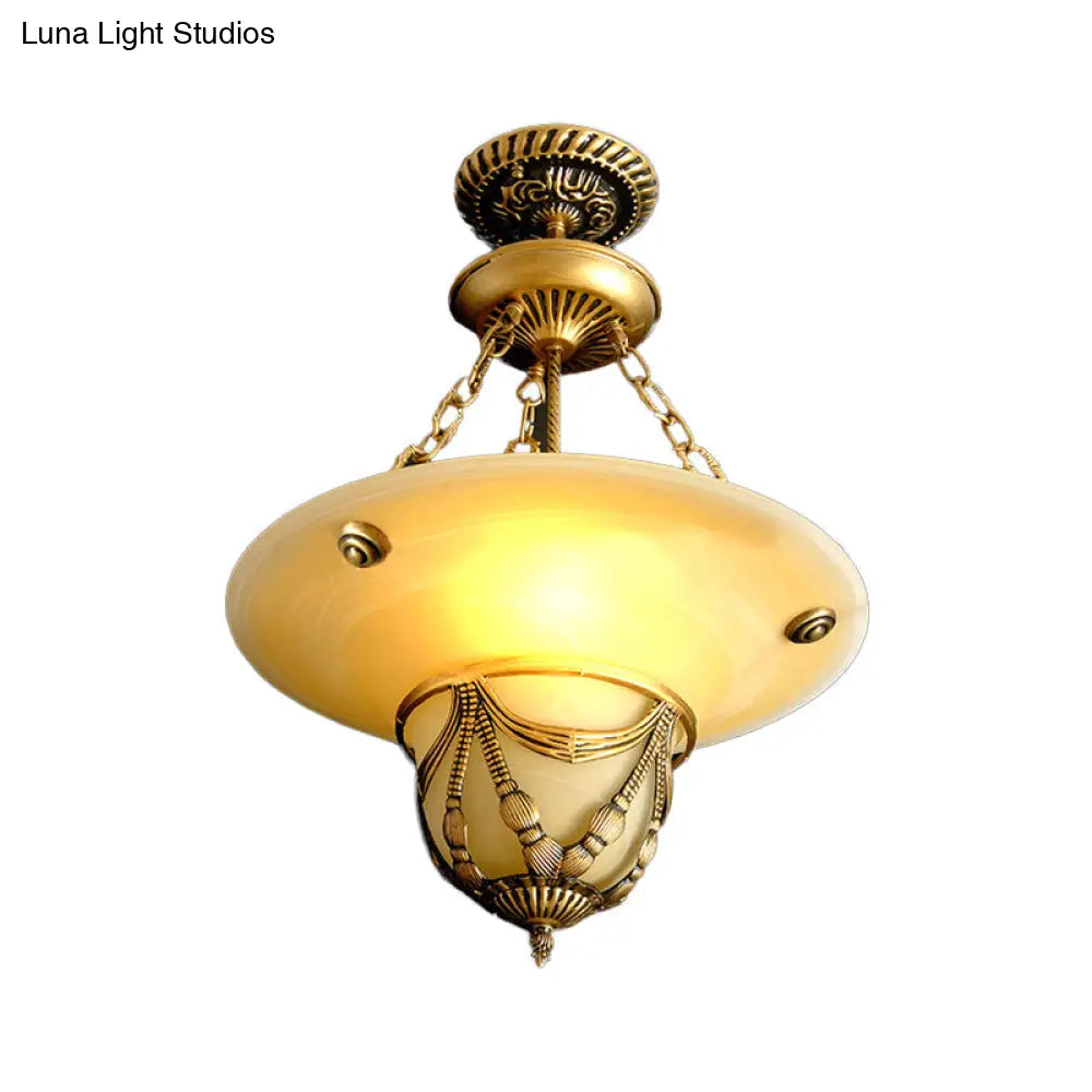 Traditional Brass Inverted Hat Shaped Chandelier - 3-Light White Glass Living Room Drop Lamp